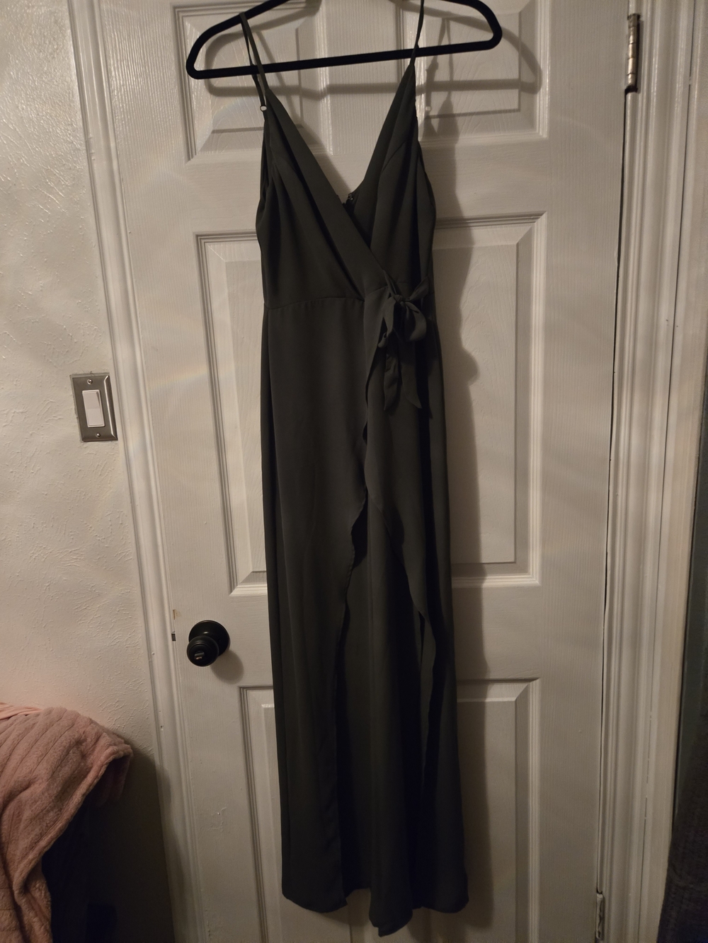 Gianni Bini Olive Green Wrap Jumpsuit with Tie Waist Split Leg